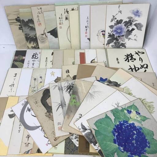 FI18/35　色紙 工芸品 まとめて50枚 画賛 工芸色紙 巧芸 複製 肉筆 横山大観 実篤 日本画 西部文浄老師 美術 書画 風景 花 インテリア