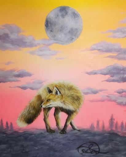 幻想的な月と狐の油絵【予感】F6号サイズ