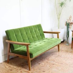2人掛けソファー　カリモク60　モケットグリーン　おしゃうれ　クリーニング済み　貝塚市　二色浜　ジャングルジャングル貝塚店
