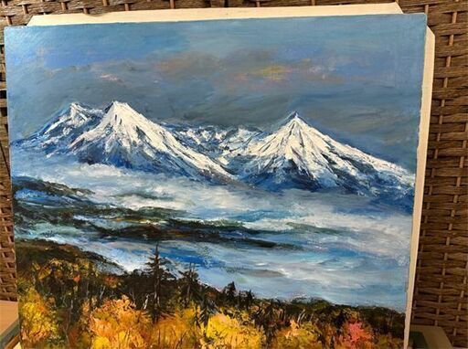 真作 額装 高橋益之 大雪山 油絵 F10号 サイン入り 額縁 額