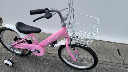 自転車ピンク（前カゴ、補助輪付き、子ども用）