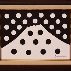 ●【雪のドット＆白富士】○がんどうあつし肉筆絵画アクリルF4ブラウン額付冬富士山●