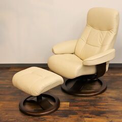 【ヤ取終了3/13】≪T253ジ≫ Simmons/シモンズ Fjords/フィヨルド リクライニングチェア 215? フットスツール付き 皮革スノー色? 木部エスプレッソ色? 牛本革? 