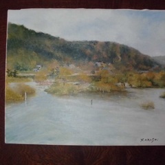 油彩画 　引き取り限定「秋の湖」風景画 Y.AKASHI銘 油彩...
