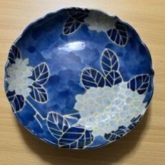 値下げ中　有田焼　双峰作　絵付け藍色　紫陽花　大皿　深皿