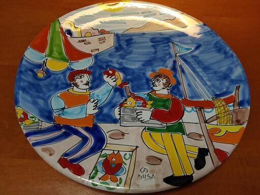 【美品】LA MUSA  絵皿 36.5cm 壁掛け 大皿 シチリア陶器 魚 飾り皿 贈り物 ラムーサ ラムーザ ラミューザ イタリア\r製