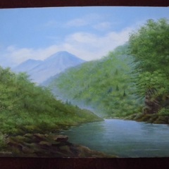 油絵　風景画　「新緑の保津峡」長谷川正清　　P15　引き取り限定