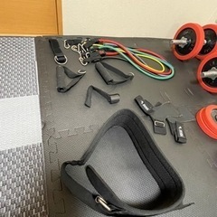 ホームジムセット一式、筋トレ、懸垂マシン、ベンチプレス、ダンベル、チューブ、マット