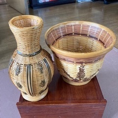 竹細工の花瓶と鉢カバー　セット
