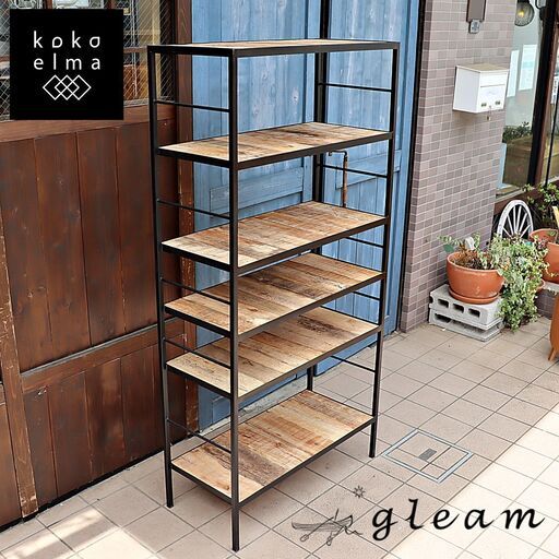 gleam(グリーム)のpallet shelf L(パレットシェルフL)です。古材とスチールを合わせたインダストリアルなオープンラック。店舗の飾り棚としても♪西海岸風やブルックリンスタイルなどに！DE514