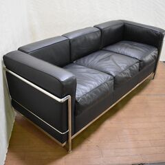 【ヤ取終了6/29】≪yt718ジ≫ LC2タイプ 3人掛けソファ リプロダクト品 cassina/カッシーナ風/ル・コルビジェ 黒系/メッキフレーム 50521-08+ 