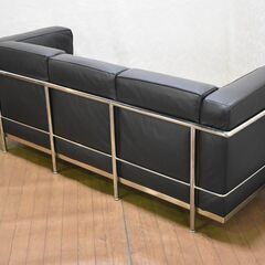【ヤ取終了6/29】≪yt718ジ≫ LC2タイプ 3人掛けソファ リプロダクト品 cassina/カッシーナ風/ル・コルビジェ 黒系/メッキフレーム 50521-08+ 