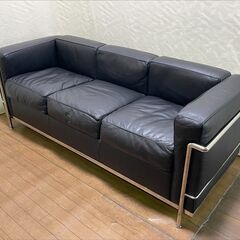 【ヤ取終了6/29】≪yt718ジ≫ LC2タイプ 3人掛けソファ リプロダクト品 cassina/カッシーナ風/ル・コルビジェ 黒系/メッキフレーム 50521-08+ 