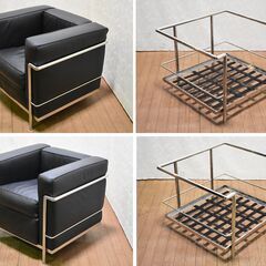 【ヤ取終了11/1】≪yt719ジ≫ LC2タイプ 1人掛けソファ リプロダクト品 2脚セット カッシーナ風/ル・コルビジェ 黒系/メッキフレーム 50521-09+