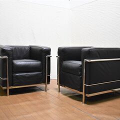 【ヤ取終了11/1】≪yt719ジ≫ LC2タイプ 1人掛けソファ リプロダクト品 2脚セット カッシーナ風/ル・コルビジェ 黒系/メッキフレーム 50521-09+