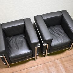 【ヤ取終了11/1】≪yt719ジ≫ LC2タイプ 1人掛けソファ リプロダクト品 2脚セット カッシーナ風/ル・コルビジェ 黒系/メッキフレーム 50521-09+