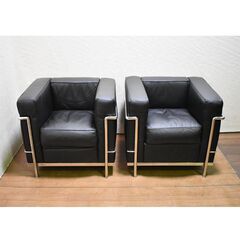 【ヤ取終了11/1】≪yt719ジ≫ LC2タイプ 1人掛けソファ リプロダクト品 2脚セット カッシーナ風/ル・コルビジェ 黒系/メッキフレーム 50521-09+
