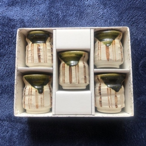 赤津焼　湯呑み　5客セット　塩草窯（織部）白嶺窯【箱入り】