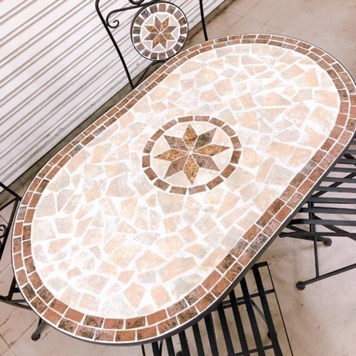 【売約済】ガーデンテーブル チェア4脚 セット モザイク調オーバルテーブル モザイクチェア ガーデンテーブル チェア4脚 セット モザイク調オーバルテーブル