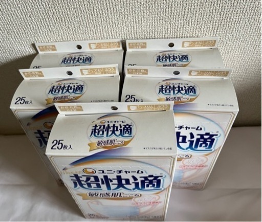 ユニチャーム　超快適敏感肌ごこちBOX25枚　5ケース普通サイズ　スリム耳かけ　白