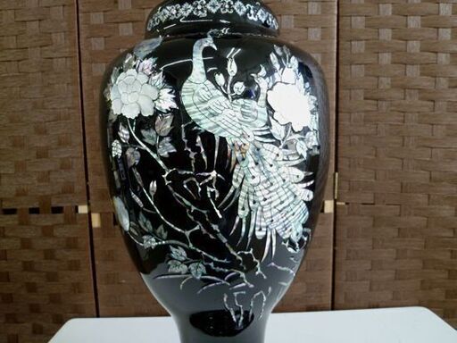 螺鈿細工 花鳥図 花瓶 径23.5×高さ65cm 工芸品 鉄製 花器 螺鈿