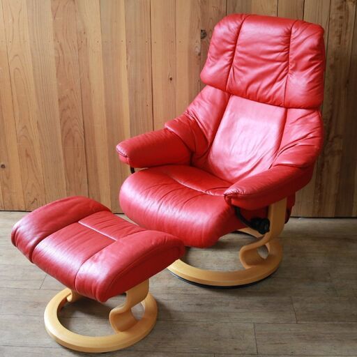 465)【参考約41万/美品】EKORNES エコーネス Reno レノ ストレスレスチェア リクライニングチェア オットマン付き 椅子 本革 Mサイズ 北欧