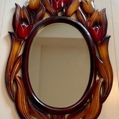 壁掛けミラー　鏡　木彫り　花　チューリップ