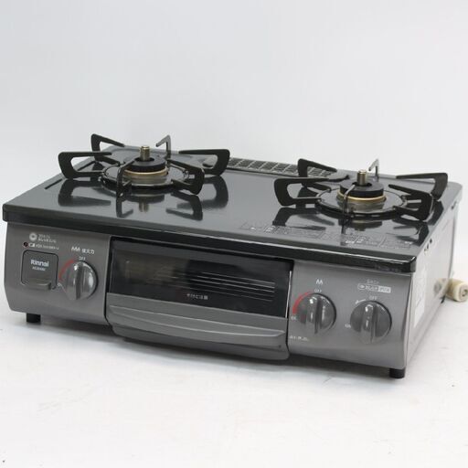 374)【美品/2022年製】Rinnai グリル付ガステーブル KG35NBKL 都市ガス用 幅約56cm 片面焼きグリル 左強火力 リンナイ ブラック