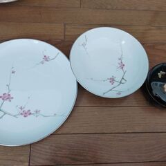 【大幅値引きしました】桜大皿2枚セットとハナエモリの塗りの蓋付き小皿