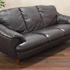 【ヤ取終了9/8】≪yt752ジ≫ 3人掛け本革ソファ レザー/シボ/革張り チャコール系？ かねたやホルス4？ リビング/家具/インテリア 50629-04