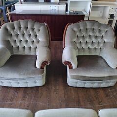 オールドカリモク　緑モケット張り応接椅子３点セット『中古良品』