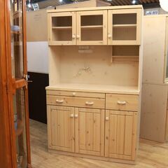 486)大川家具 キッチンボード W112cm チェッカーガラス ナチュラル フレンチ カントリー調 食器棚 参考価格95,000円