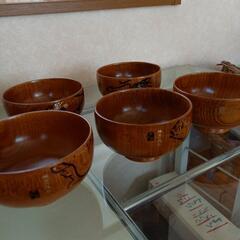 (値下げしました)神田川俊郎木製汁椀揃え　さかな汁椀と箸置き