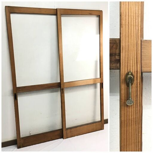 ut10/17 【176ｘ67.7㎝】昭和レトロ 古いクリアガラス 木製 引き戸 二枚 鍵付き 建具 古民家 窓 リフォーム 古民具 古家具 店舗什器〇