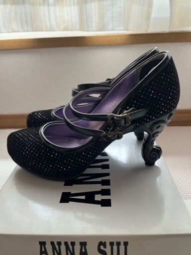 【ANNA SUI】猫足ヒールパンプス【23.5】黒 レース風 リボン付き 蝶々 ANNA SUI】猫足ヒールパンプス【23.5】黒 レース風 リボン付き 蝶々