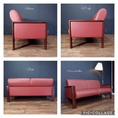 ☑️売約済　処分セール超極上マルニ木工ワインレッド赤高級2人掛けレザーソファー革ソファ