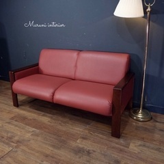 ☑️売約済　処分セール超極上マルニ木工ワインレッド赤高級2人掛けレザーソファー革ソファ