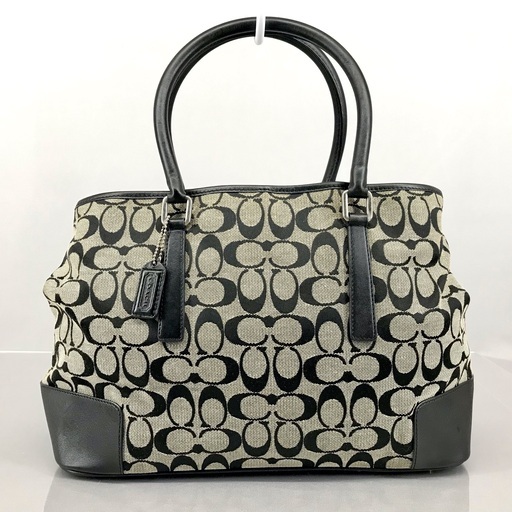 COACH コーチ シグネチャー×黒レザー 肩かけオープントートバッグ M1J 6086