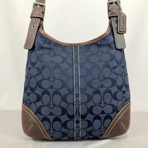 COACH コーチ シグネチャー×レザー 斜め掛けショルダーバッグバッグ ネイビー ミニショルダー