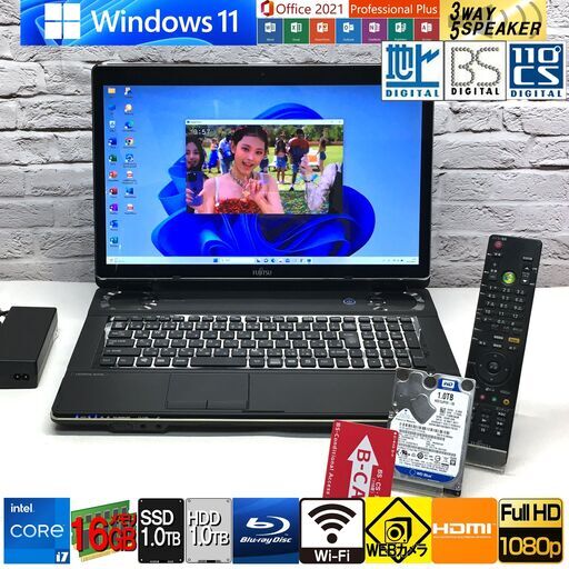 美品★マルチメディア最強★メモリ16GB/新品SSD1.0TB+HDD1.0TB/最強Core i7-3.1G【富士通 NH77/ED】最新Win11/MS Office2021★17.3型FHD/長期保証（管理：08011105）