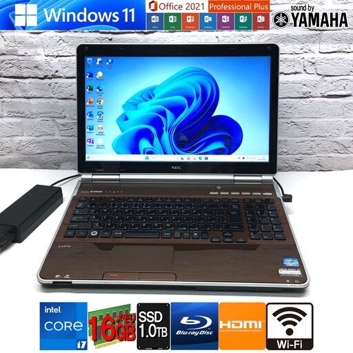 メモリ16GB/新品SSD1000GB/最強 i7-2nd Gen【NEC LL750/E】最新Win11/MS Office2021★YAMAHA サウンド/Wi-Fi/Blu-ray/長期保証（管理：08021632）