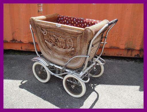 乳母車 桃太郎号 籐製 ブレーキ付 手押し車 4輪 ベビーカー 昭和レトロ 【モノ市場安城店】013