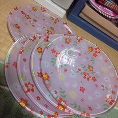 ピンク花鳥のガラス皿  ５枚セット