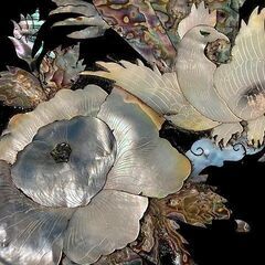 韓国美術 螺鈿細工 /ローテーブル・折畳み：花鳥画　福喜囍　古玩 骨董：配送限定有