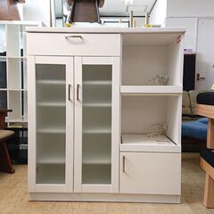 ハイタイプ キッチンカウンター 2枚扉 引出し1個 ダブルスライドテーブル 下扉1枚 コンセント2口 レンジボード レンジ台 キッチンボード ホワイト 鏡面仕上げ 棚板可動式■横幅100cm×奥行45cm×高さ114cm■近隣配送無料 買取帝国 朝霞店