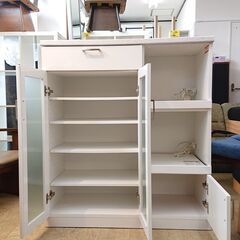 ハイタイプ キッチンカウンター 2枚扉 引出し1個 ダブルスライドテーブル 下扉1枚 コンセント2口 レンジボード レンジ台 キッチンボード ホワイト 鏡面仕上げ 棚板可動式■横幅100cm×奥行45cm×高さ114cm■近隣配送無料 買取帝国 朝霞店