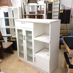 ハイタイプ キッチンカウンター 2枚扉 引出し1個 ダブルスライドテーブル 下扉1枚 コンセント2口 レンジボード レンジ台 キッチンボード ホワイト 鏡面仕上げ 棚板可動式■横幅100cm×奥行45cm×高さ114cm■近隣配送無料 買取帝国 朝霞店