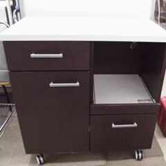 キッチンカウンター 幅80 ブラウン 木目調 ミドルレンジ台 作業台 鏡面天板 スライド棚 キャスター付き 札幌 西野店