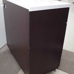 キッチンカウンター 幅80 ブラウン 木目調 ミドルレンジ台 作業台 鏡面天板 スライド棚 キャスター付き 札幌 西野店