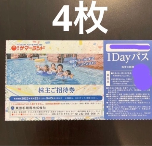 お盆限定値下！】サマーランド 1Dayパス 4枚セット 株主優待 プール 安し